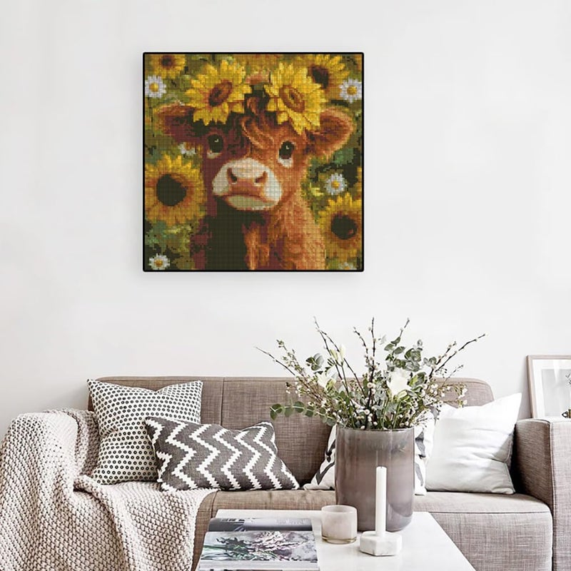 Paintcolor Cow Flowers Stamped Cross Stitch Kits - Needlepoint Counted Cross Stitch Kits for Beginners Adults Daisy Sunflower Pattern Crossstitching Dimensions Embroidery Kits Arts and Crafts - Image 3